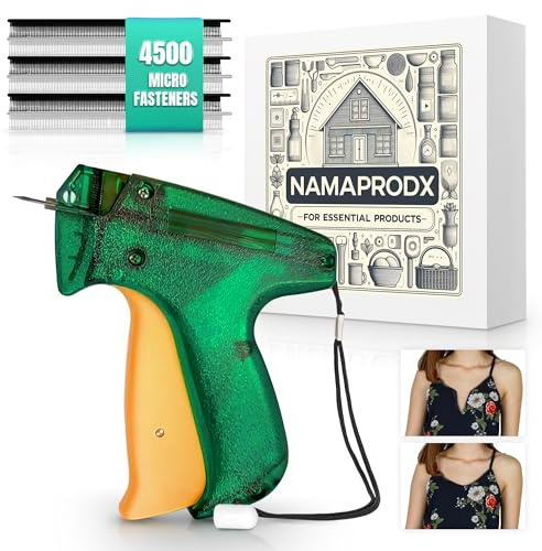 NAMAPRODX Mini Klebepistole für Kleidung Temp Fixes, Tagging Gun für Kleidung, Buttoneer, Mending Pro, Säumwerkzeug, Kleidung Hefter Pistole, DIY, Vielseitiges - 4500 Mikroverschlüsse & 1 Nadel - Grün