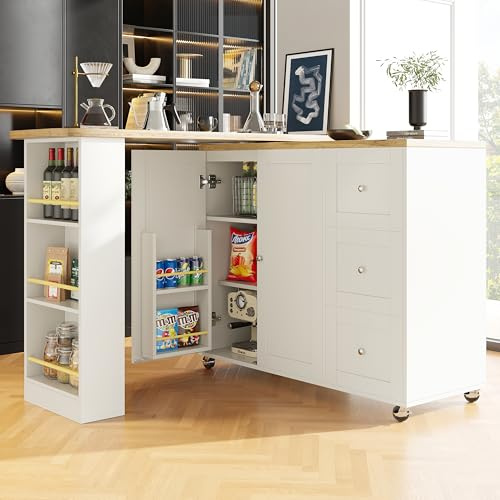SogesHome Bartisch 360°Drehbar mit Kücheninsel Küchenwagen Aufbewahrungsinsel auf Rollen mit 3 Schubladen,2 Türen,Snackhalter und Seitenregal für Küche Esszimmer Wohnzimmer,138-209x39x106 cm