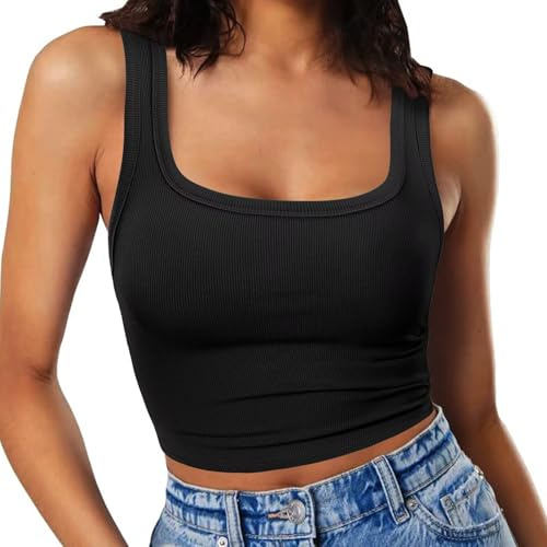 RIROW Damen Ärmelloses Tank Top Slim Fit Quadrat-Ausschnitt Geripptes Basic Oberteil M Schwarz
