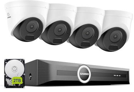 SANNCE 8CH POE CCTV Security Camera System, 5MP Outdoor Cameras Built-in Audio with POE 8 Channel NVR 6MP, AI Human/Vehicle Detection (4* Cameras +NVR + 2TB HDD)