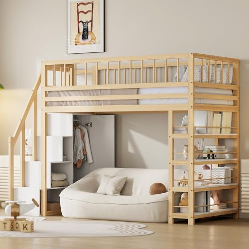 TZCIN Hochbett 90x200cm, Hohes Zaundesign, Hochbett für Kinder mit Schrank und Regal und Stauraum-Treppe, Massivholzbett, mit Lattenrost, Holzfarbe