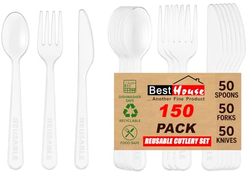 BH | Reusable Plastic Cutlery Set | 150 Pcs (50 Spoons, 50 Forks, 50 Knives) | Clear Mix Cutlery Set for Birthday, Parties, Picnics, BBQ's, Camping, and Everyday Use - By Best House