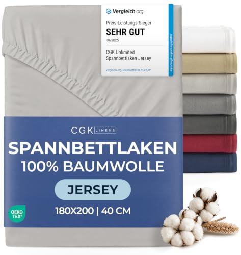 Spannbettlaken Jersey 180x200 - Baumwolle Boxspringbett 40cm - Hellgrau | Spannbetttuch, Rundumgummi, Dehnbar, Weich, Atmungsaktiv, Knitterfrei, Pflegeleicht, Baumwoll-Jersey, Bis 40cm, OEKO-TEX