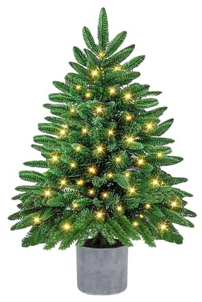 Kleiner Weihnachtsbaum 60 cm, 100 % PVC Spritzguss Mini Künstlicher Weihnachtsbaum mit Beleuchtung 60 LEDs Christbaum Künstlich mit 295 Spitzen Inklusive Timer und Sockel für Zuhause Weihnachtsdeko