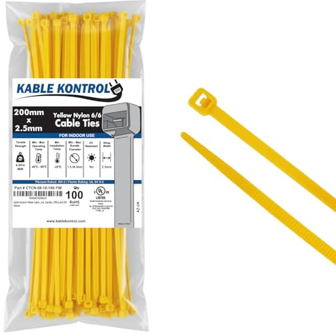 Kable Kontrol Yellow Cable Ties, 200 mm x 2.5 mm, Pack of 100, 8 Premium Nylon Zip Ties, Multi-Purpose Plastic Tie Wraps, Secure Self-Locking Mechanism, for Home, Garden, Office and DIY