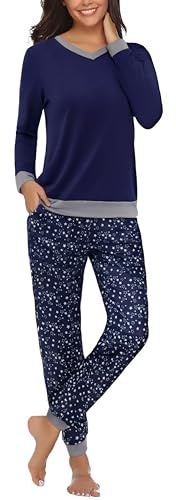 Aseniza Pigiama Donna Invernale Pigiami Cotone Lungo Set Due Pezzi Manica Lunga Set Pajamas Caldo Leggero Comodo con Tasche Blu M