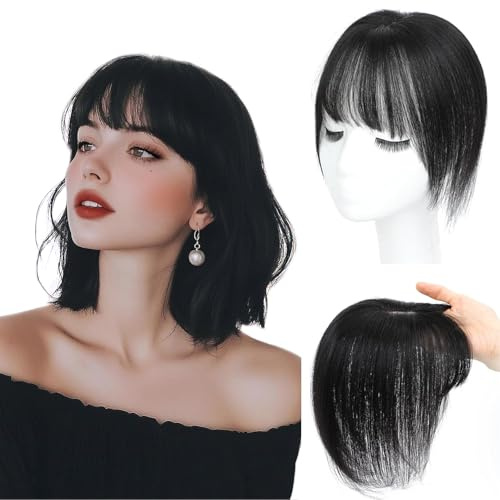 Hair Toppers for Women Real Human Hair Upgrade Base Seamless 360°3D Cover Topper for Women with Thinning Crown Wispy Clip in Bangs Realistic Scalp Line HairPieces Natural Black