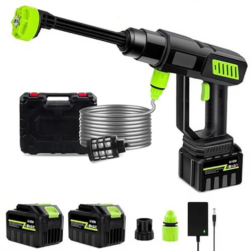 Nettoyeur Haute Pression sans Fil,1000W Pistolet Haute Rression sur Batterie,Buse 6 en 1 Pistolet Portable à Eau Haute Pression,Tuyau 5m,Pulvérisateur de Mousse (2 Batteries)