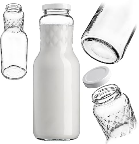 KADAX Bottiglie per latte da 1 l con tappo a vite, bottiglie vuote con grande apertura per riempire il latte, bottiglie di vetro con coperchio, bottiglia a collo largo in vetro (1 pezzo)