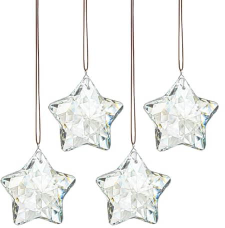 4 Pcs Christmas Crystal Star Ornaments Xmas Tree Hang Crystals Faceted Glass Suncatcher Sparkle Sun Catcher Pendants Window Hanging Prism Rainbow Maker Suncatchers for Home Decor Clear