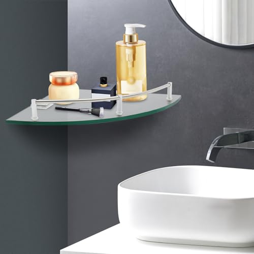 JUDEMII 6mm Dreieckiges Glasregal Badezimmer Wandregal, Eckregal aus Gehärtetem Glas mit Guardrail Tragfähigkeit 4kg, 23.5x23.5x4cm