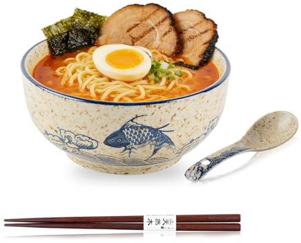 Keramik Ramen Schale Set, 700ml für 1 Person japanische Vintage große Suppenschale mit Löffel und Stäbchen, Porzellan-Nudelbecher für Pho, Nudel, japanisches Geschirr Pasta Schüsseln