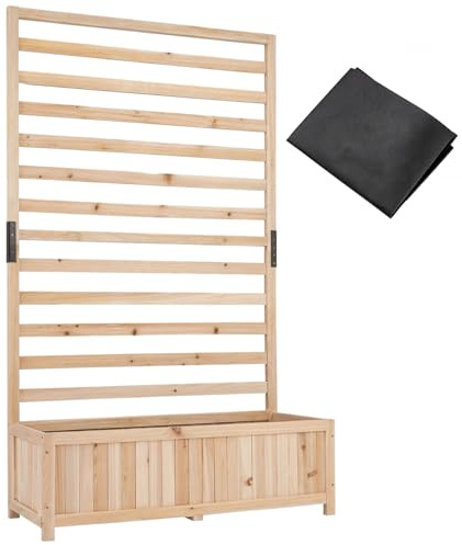 TANGZON Raised Garden Bed with Trellis, Freestanding Solid Wood Planter with Drainage Hole, Outdoor Elevated Trough Planting Support Box for Vine Climbing Plant (Natural, with Liner, 90 x 35 x 150cm)