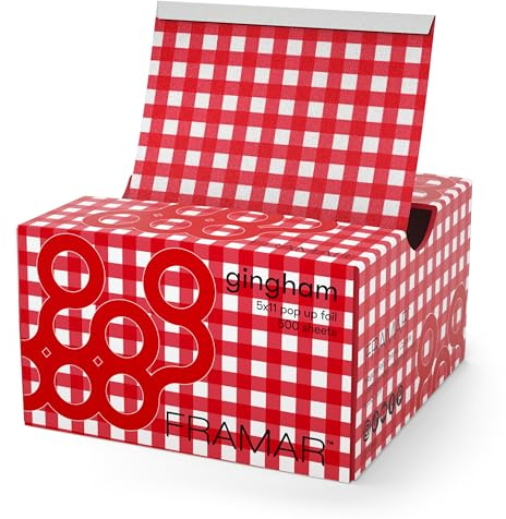 FRAMAR Papel Mechas Peluquería, Papel Aluminio, Cuadros Rojos, 500 Hojas | Láminas para el Cabello Precortadas y Antideslizantes en Caja Dispensadora, 13 x 28 cm