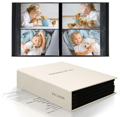 Vienrose Baby Fotoalbum 10x15 200 Taschen Einsteckalbum DIY Cover Beige | Baby Kristallaufkleber, Pinzette, säurefreie Seiten, Erinnerungsalbum, Stoffeinband