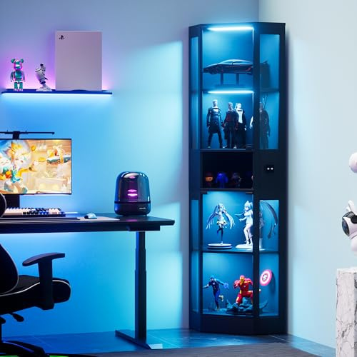 staronce glasvitrinskåp, 80 x 35 x 165 cm – 5-våningsvitrinskåp med LED- och rörelsesensor, svart – vitrinskåp med glasdörrar, stående för vardagsrum, sovrum, kontor