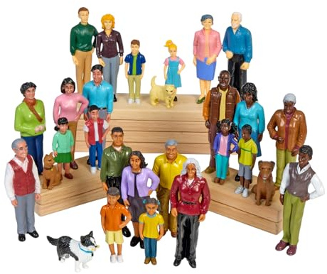 Excellerations Educational Multicultural Pretend Play Figurine Family Dolls Set of 4 Different ethnicities 28 Pieces Total for Block Play