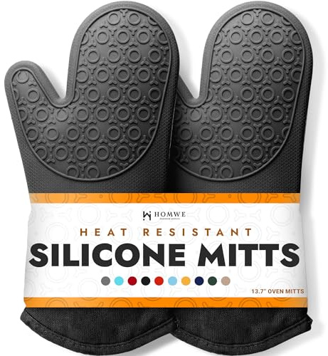 BPA-Free Silicone Oven Mitts Ultra Heat Resistant up to 500°F - Oven Mitts with Thick Cotton Liner - Long Slip Resistant Pot Holders, Flexible Oven Gloves - Black 13.7
