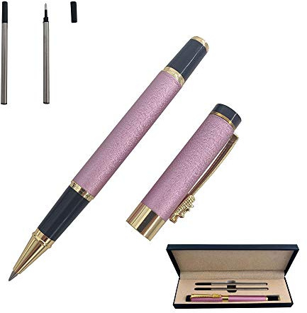 Accod Fine Nib Rollerball Pen High-end Business Signature Pen Metal Pen Clip Black Ink Rollerball Pen with Two 0.5mm Replacement Refills Gift Premium Gift Box (Pink)