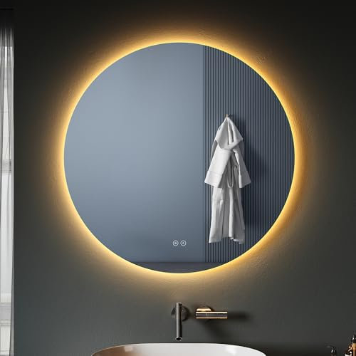 SONNI Badspiegel mit Beleuchtung Rund 80x80 cm, LED Spiegel mit Touch-Schalter und Dimmbar, Beschlagfrei, 3 einstellbare Lichtfarben, Runder Badezimmerspiegel mit Beleuchtung