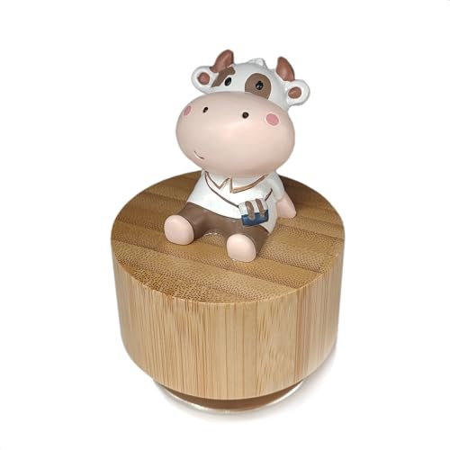 falado Mini caja de música giratoria de madera con bonito adorno de ganado (melodía: It's a Small World)