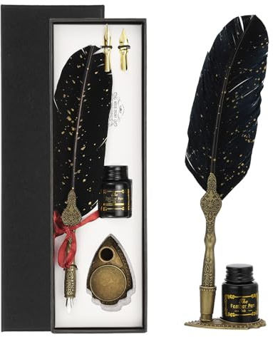 PATIKIL 25cm/10 Geschnitztes Federstift-Set, Vintage Gänsefederstift mit Tintenset 2 Ersatzfedern Ständerbasis für Kalligrafie Schreibfeder Bürogeschenke, Schwarz