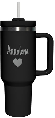 Thermobecher personalisiert „Wunschname“ mit Gravur & wählbarem Symbol - Trinkbecher mit Deckel und Strohhalm 1,2 l / 40 oz - Geschenk Geburtstag Weihnachten - Farbe Black