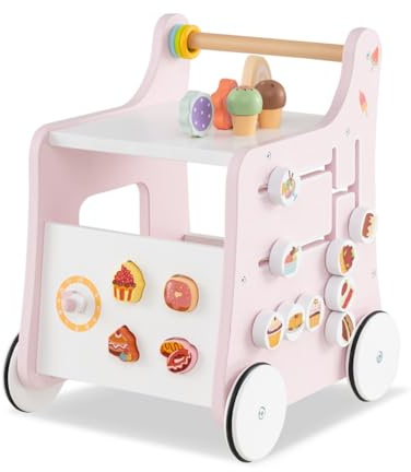 LIFEZEAL Girello per Bambini 1+Anni in Legno, Giochi di Ruolo Gelateria, Carrello Primi Passi Montessori, Baby Walker per Imparare a Camminare, Giocattoli, Ruote Antiscivolo, Portaoggetti, Maniglia