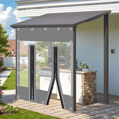 Panneaux Latéraux en Bâche Étanche Claire Grise,Rideau De Bâche Imperméables Transparente Pergola Extérieur,Bâche en Plastique Pvc De 0,3mm,Avec Porte À Fermeture Éclair,W×H-2.5×2m(8.2*6.6ft)