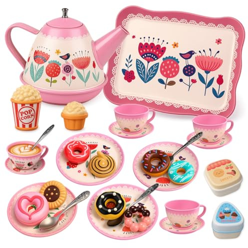 Toyana 30 PCs Kids Tea Set, Floral Print Pretend Play Tea Party Playset, Realistic Teapot, Cups, Plates, Donuts & Serving Tray, Role Play Kitchen Accessories Gift Toy Set for Children Ages 3+ Year