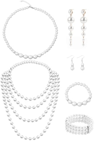 Rudfovn 8 Pcs Pearl Necklace and Bracelet Earrings Set, 1920s Vintage White Long Pearl Costume Jewellery Sets for Women
