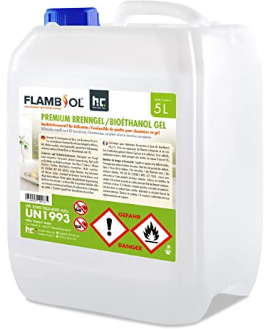 FLAMBIOL® Bioéthanol Premium en Gel (1 x 5 L) – Combustible Longue Durée, Idéal pour Cheminées d'Intérieur et d'Extérieur – Formule Améliorée et Écologique, Fabriqué en Allemagne