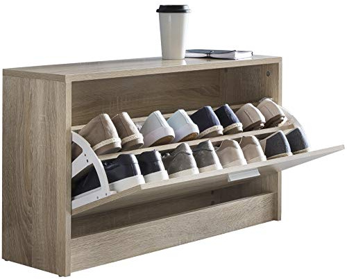 Wohnling Schuhkipper Split 80x24x47 cm Sonoma mit Ablage | Schuhkommode mit 1 Klappfach, Schuhregal kratzfest, Flurschrank klein mit klarer Formgebung, Schuhschrank flach