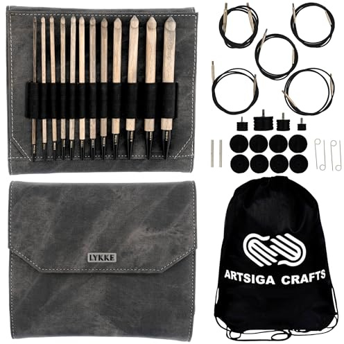 Lykke Treibholz, austauschbares Häkelnadel-Set, Birkenholz, 15 cm, US E4, F5, G6, 7, H8, I9, J10, K10.5, L11, M13, N15, P16, inklusive grauem Denim-Etui, gebündelt mit 1 Artsiga Craft-Projekt-Tasche