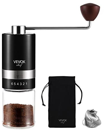 VEVOK Chef Manual Coffee Grinder Hand Coffee Grinder 6 External Adjustable Setting Stainless Steel Conical Burr Coffee Mill Portable Hand Crank Coffee Bean Grinder Fine for Espresso