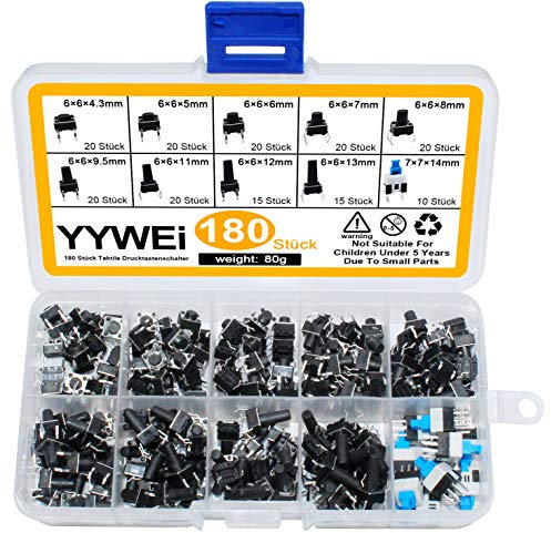 YYWEi Taktile Drucktastenschalter 10 Types Taktile Push Button Switch 180Stk Micro Switch Momentary Switch Sortiment Kit