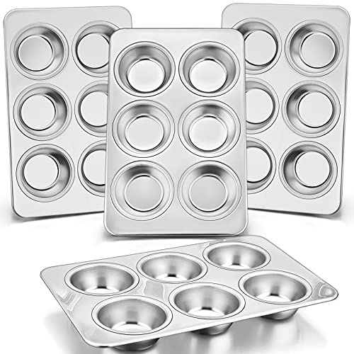 P&P CHEF 6-Cup Muffin Pan Tin, Stainless Steel Cupcake Pan, 4Pcs | Muffin Tin for Oven Baking, Dishwasher Safe, Non-Toxic, Standard Size, Ideal for Homemade Muffin Cup Cake Tart Quiche