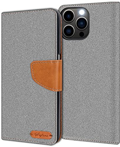 Verco kompatibel mit Apple iPhone 13 Pro Hülle, Schutzhülle für iPhone 13 Pro Tasche Denim Textil Book Case Flip Case Klapphülle, Grau