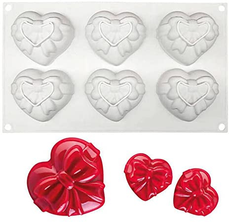 Silicone Cake Mold Bakeware Dessert Mousse DIY Soap Candle Mould, 6 Holes Hearts with Bows