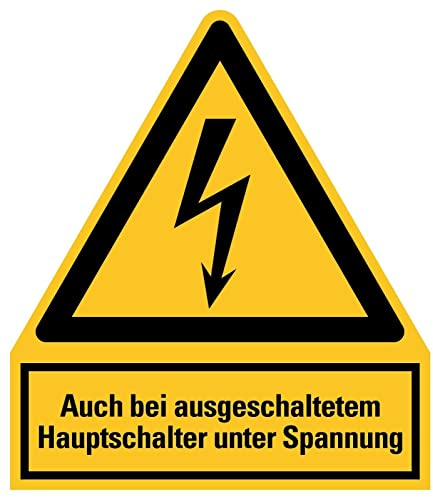 Aufkleber Warnung Auch bei ausgeschaltetem Hauptschalter unter Spannung Warnschild Folie signalgelb ähnl. ISO 7010 | Größen wählbar Made in Germany, Größe: 105x123 mm
