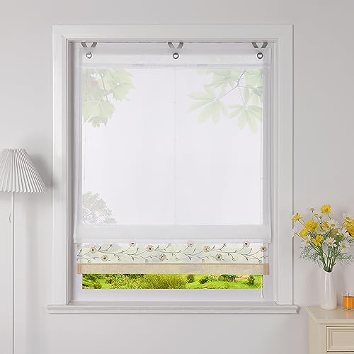 Heichkell Voile Raffrollo mit Ösen Transparent Ösenrollo Bestickte Raffgardine Landhausstil Rollo mit Blumen Sand BreitexHöhe 45x150 cm