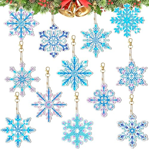 12 Stück Weihnachten Diamond Painting Schlüsselanhänger,5D Schneeflocken Diamond Painting Anhänger,Weihnachten Schneeflocken Painting Kit DIY Diamond Painting Schlüsselanhänger Deko für Kinder Kunst