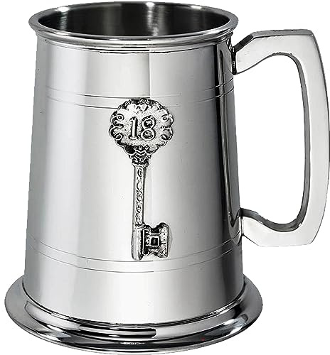 Pewter Tankard 18th Birthday Key Badge 1 Pint Plain Double Lines Square Handle Pure Heavy Gauge Beer Tankard Perfect for Engraved Personalised Gifts for Men and Women
