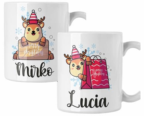 Colorfamily Coppia di tazze Natale Tazza Natalizia PERSONALIZZABILE con nome Renne Merry Christmas Mug 11 Oz Idea Regalo