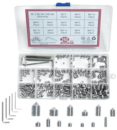 ZephyrCraft 260 Stück Kegel Madenschrauben, M3/M4/M5/M6/M8 Innensechskant Schrauben Set, Edelstahl Schrauben mit Innensechskant mit 5 Stk. Sechskantschlüsseln