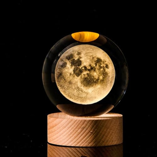 Sfera di cristallo 3D notturna,base in legno sfera di vetro notturna,spazio di visualizzazione fantasia a LED,camera da letto e decorazione dell'ufficio. (La luna)