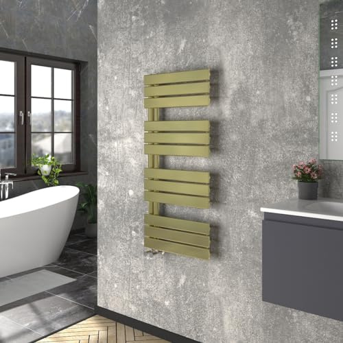 Warmehaus Heated Towel Rail Warmer Flat Panel Brushed Brass 1126x500mm | Central Heating Rads, Bathroom Ladder Radiator, for Bathroom Kitchen Living Room, Wall Mounted, Mild Steel