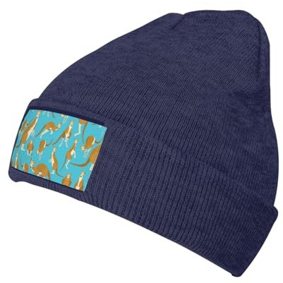 JBYJBX Lustige Cartoon-Känguru-Zoo-Druck, Unisex, Strickmütze, täglicher Hut, Geburtstagsthema, Elasti-Beanie-Mütze, Outdoor, Freizeit, Marineblau, Einheitsgr��e