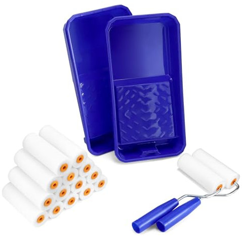 QWORK® Set di rulli di vernice con 16 rulli di schiuma 11 cm, 2 supporti per rulli di vernice, 2 vassoi di vernice - set di verniciatura professionale per vernici a base d'acqua su superfici lisce