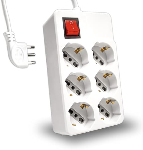 V-TAC Multipresa Elettrica 6 Posti con Interruttore e Cavo 1,5mt - 6 Prese Frontali 10/16A Bipasso Schuko - Ciabatta Presa Elettrica per Casa, Ufficio, Negozio - Spina 16A, Bianco
